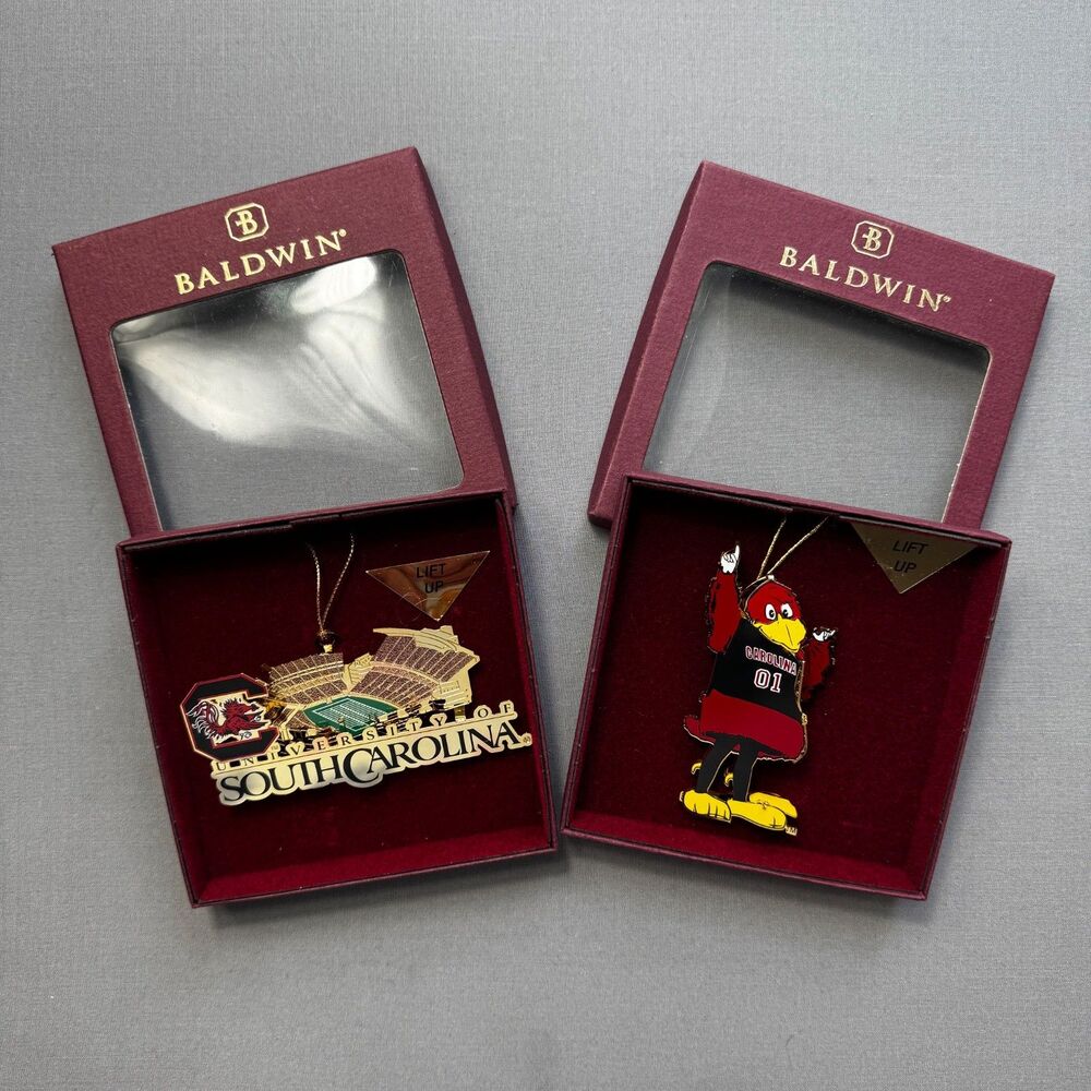 Lot of 2 Vtg NIB Baldwin Ornaments University of SC Stadium & Mascot Cocky READ
